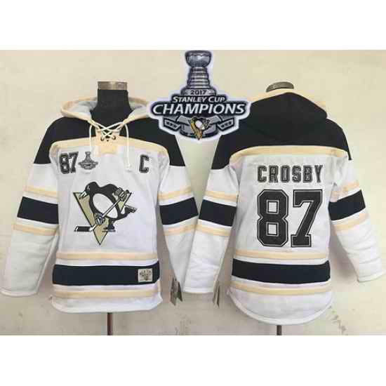 Men Pittsburgh Penguins 87 Sidney Crosby White Sawyer Hooded Sweatshirt 2017 Stanley Cup Finals Champions Stitched NHL Jersey